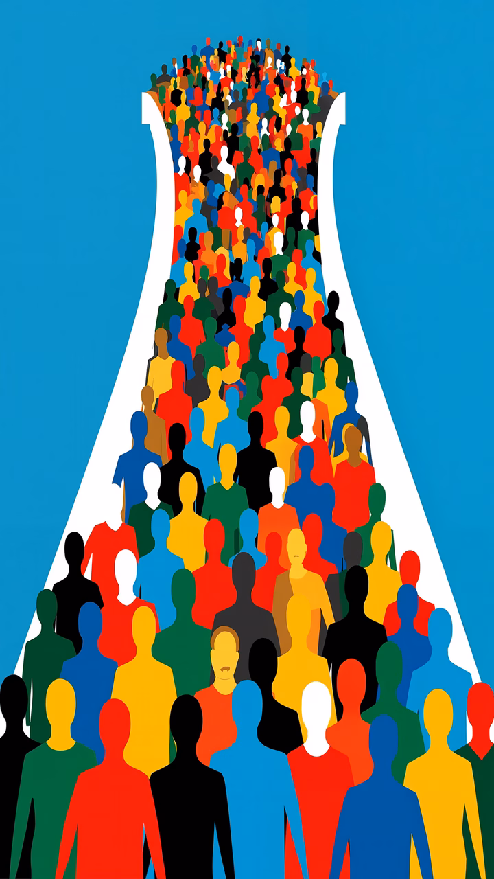 Dynamic crowd converging into a funnel, bold colors, artistic illustration.