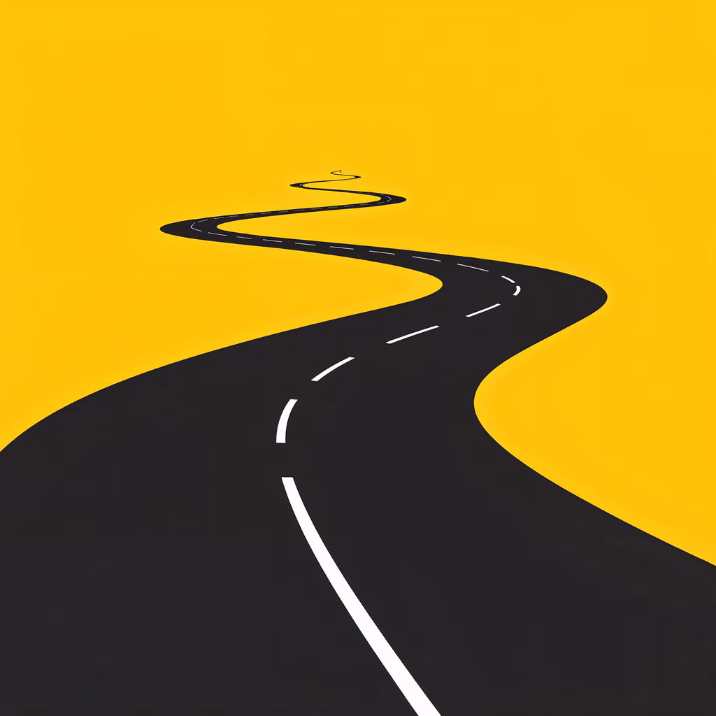 Minimalist illustration of a winding road on a yellow background, symbolizing journey and exploration.