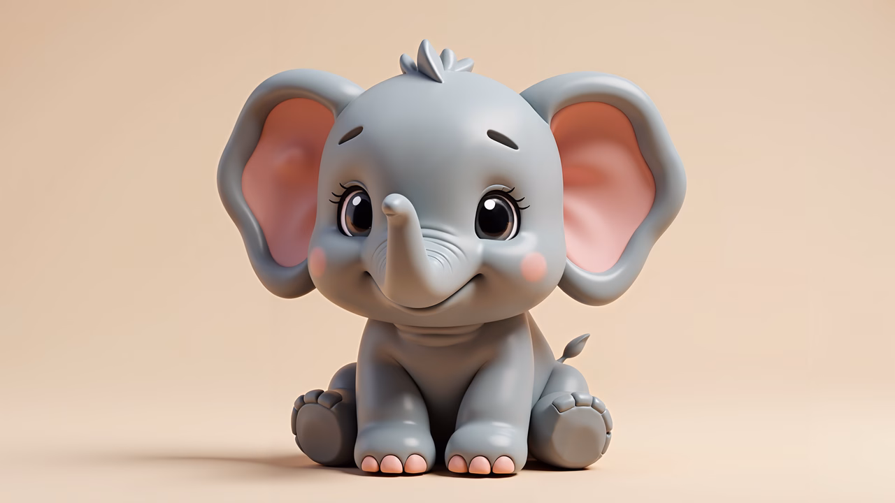 A cute baby elephant with big eyes and a gentle smile, set against a neutral background.