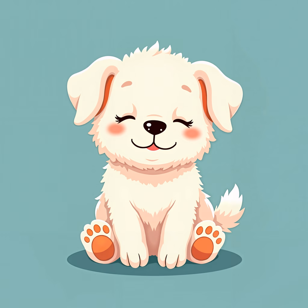 A cute, cartoon-style illustration of a white puppy with closed eyes, sitting peacefully on a teal background.