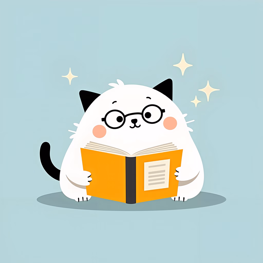 A cute cat with glasses reading a book, surrounded by sparkles.