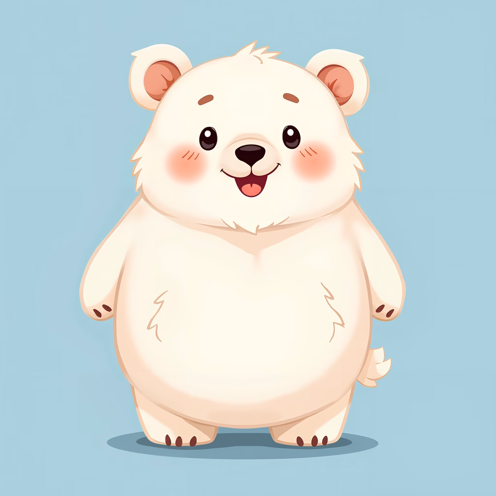 A cute, smiling polar bear in a soft, pastel color palette.