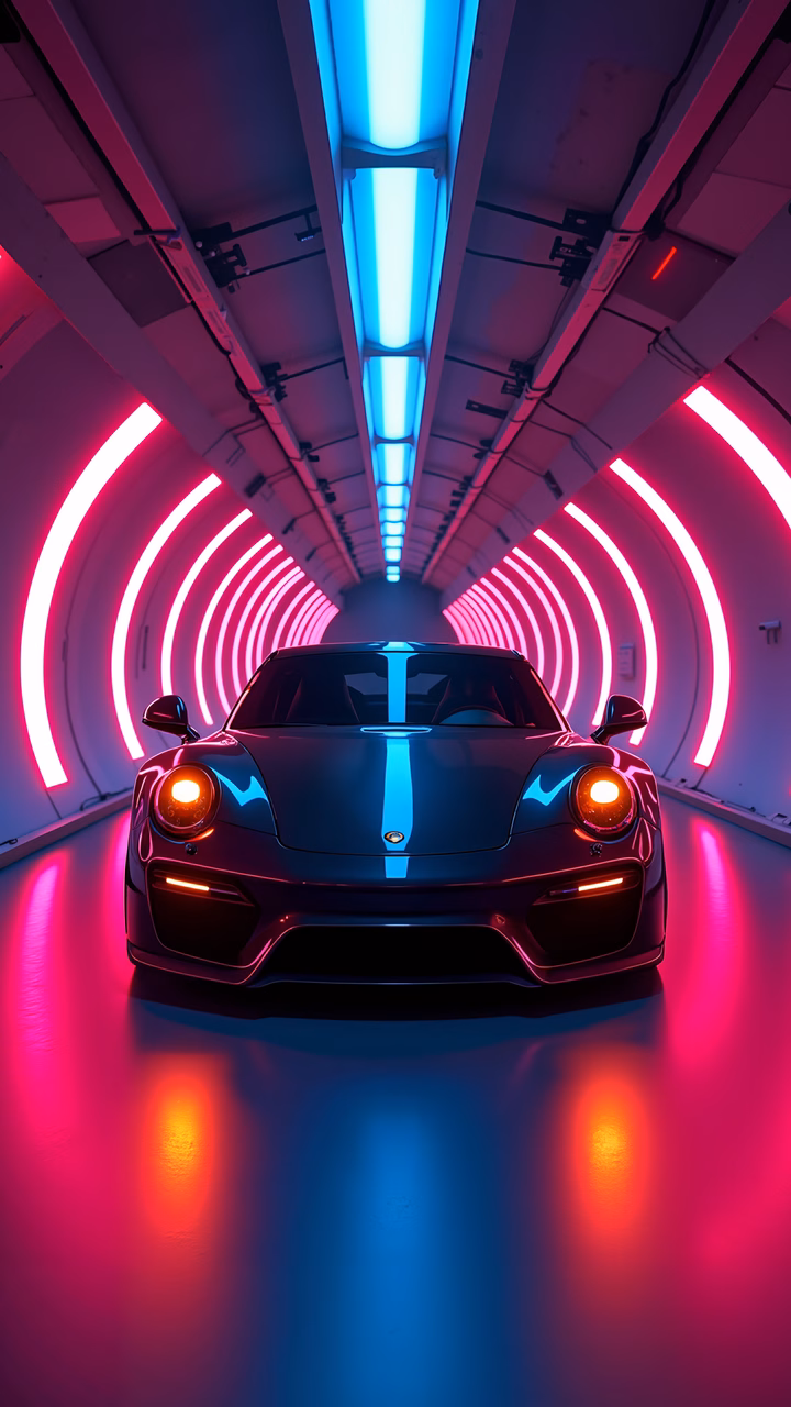 Futuristic car in a neon-lit tunnel, cyberpunk vibe.