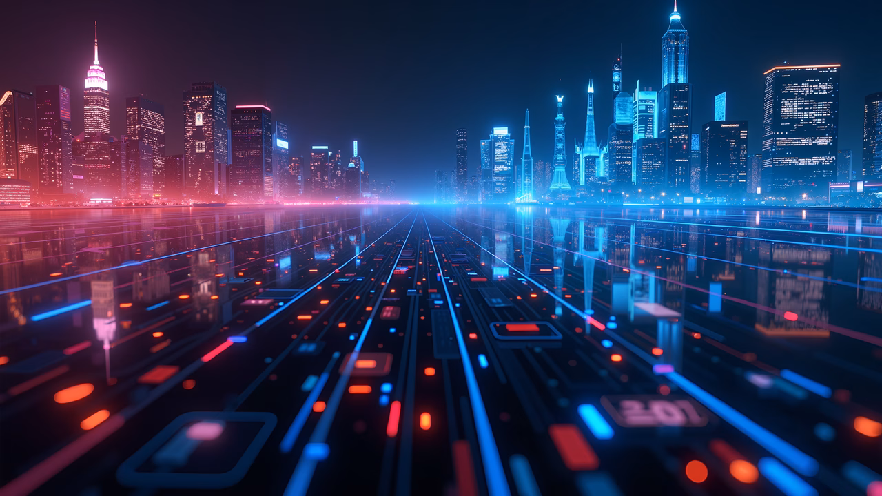 Futuristic neon-lit cityscape with reflective surfaces and digital interfaces.