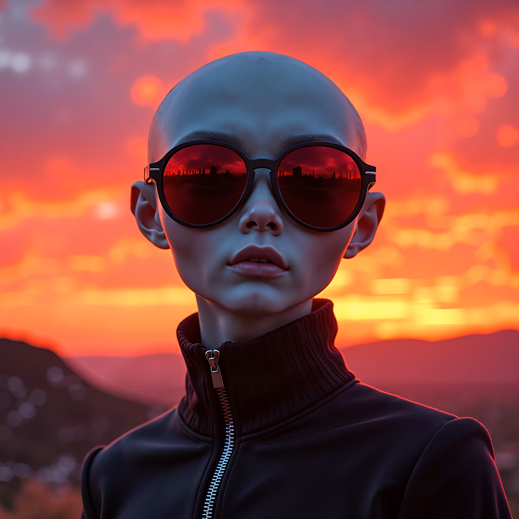 Futuristic cityscape reflected in sunglasses against a fiery sunset.