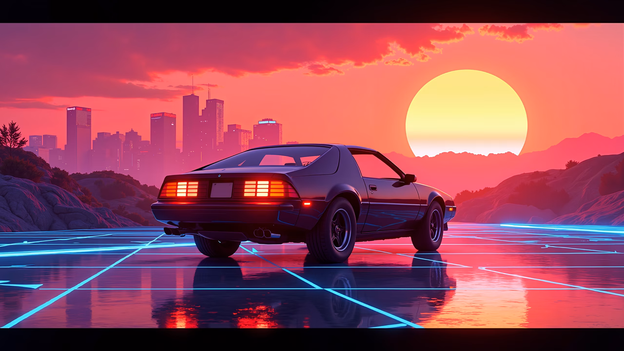 A cyberpunk car under a neon-lit sunset, blending modernity with futurism.