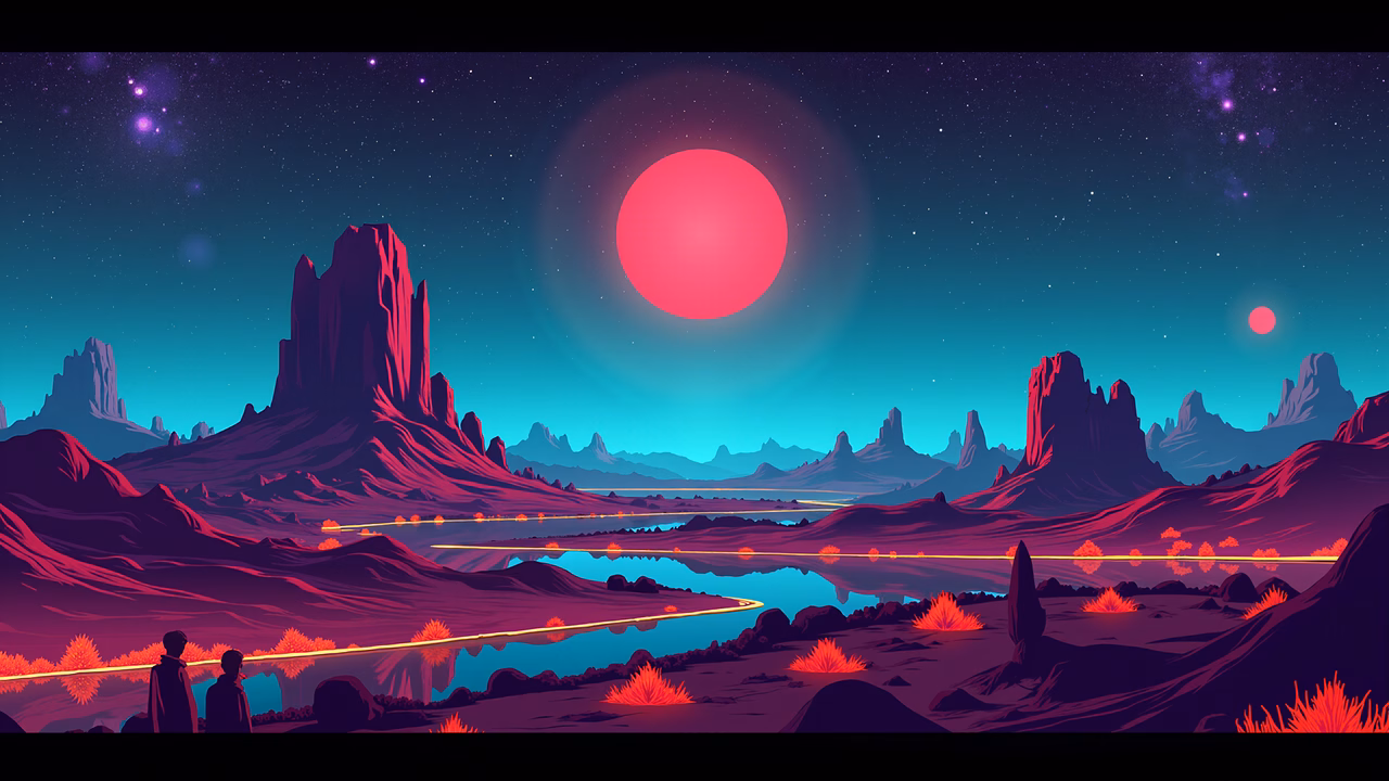 A mesmerizing desert landscape under a pink moon, blending deep purples and warm tones.