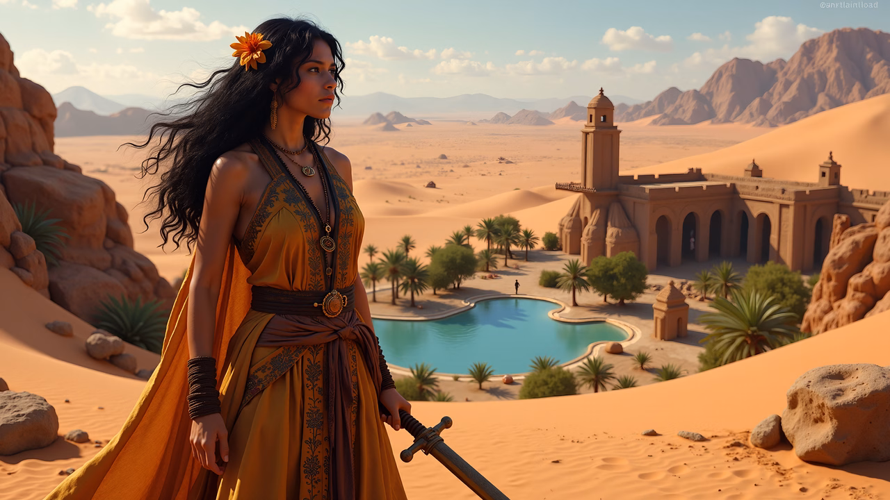 A warrior woman in a golden dress stands on a desert dune, gazing into the distance near a tranquil oasis.