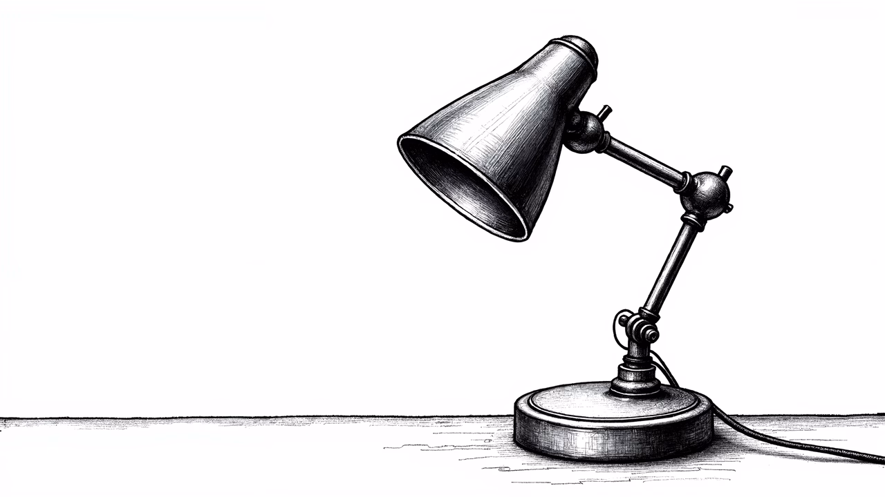 Detailed black-and-white illustration of a classic desk lamp, emphasizing realism through intricate shading and fine lines.