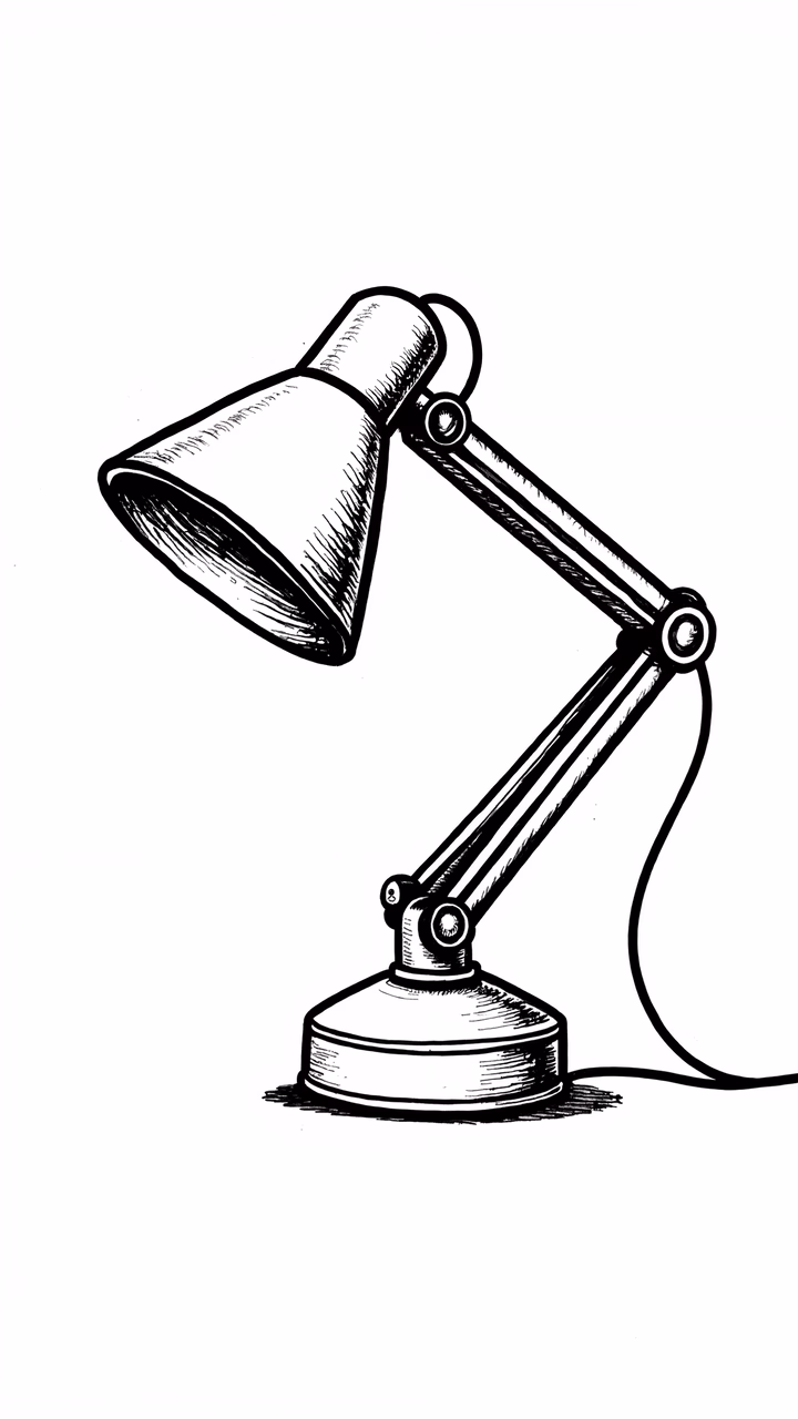 Classic desk lamp illustration with intricate shading and linework.