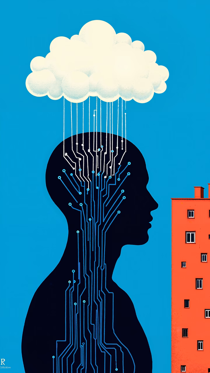 Human circuitry meets cloud, exploring tech-human integration.