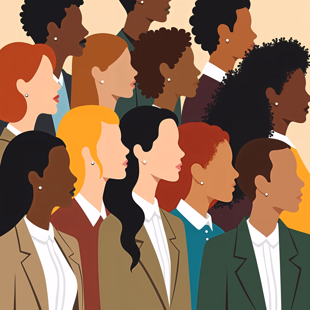 A powerful illustration showcasing diverse women in professional attire, emphasizing unity and individuality.