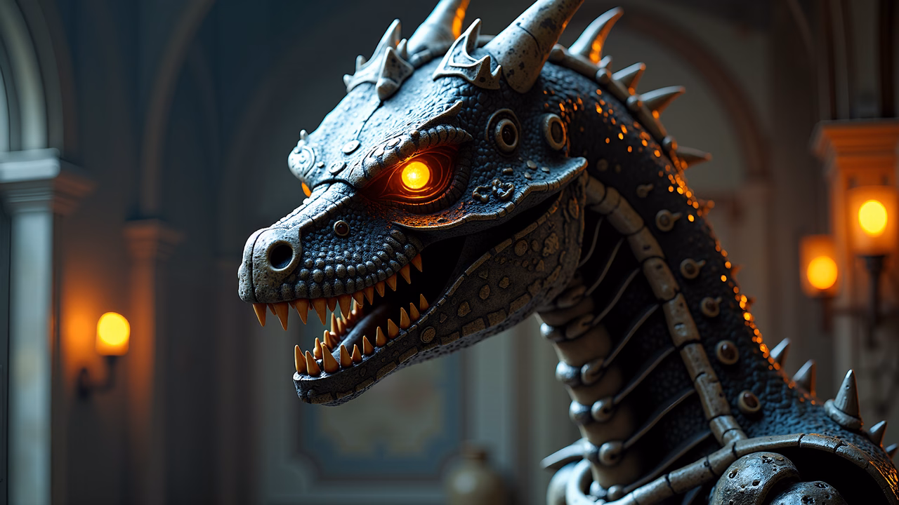 A detailed illustration of a dragon head with glowing red eyes and intricate scales.