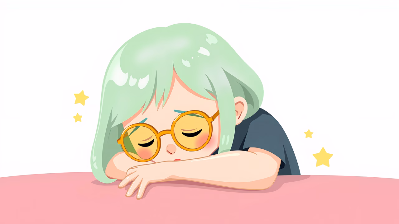 A dreamy green-haired girl with big glasses, resting peacefully in a whimsical setting.