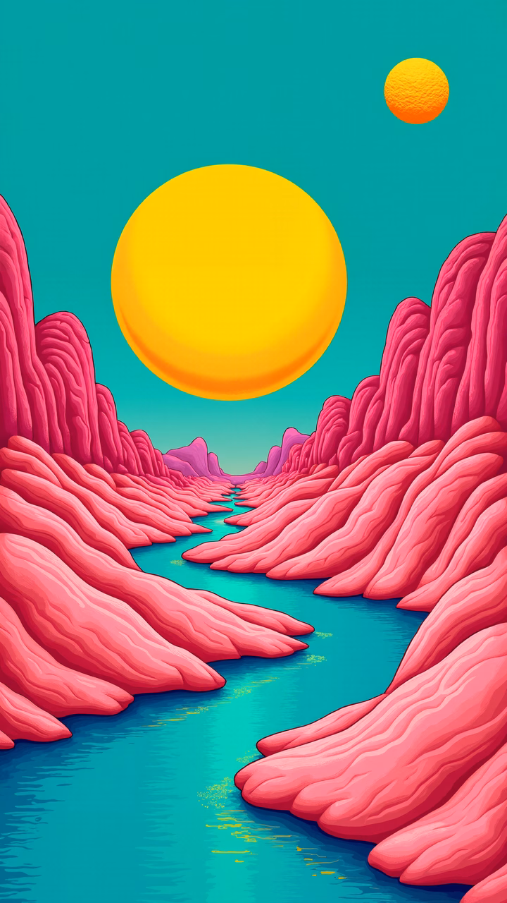 Whimsical dream landscape with teal sky and glowing sun.