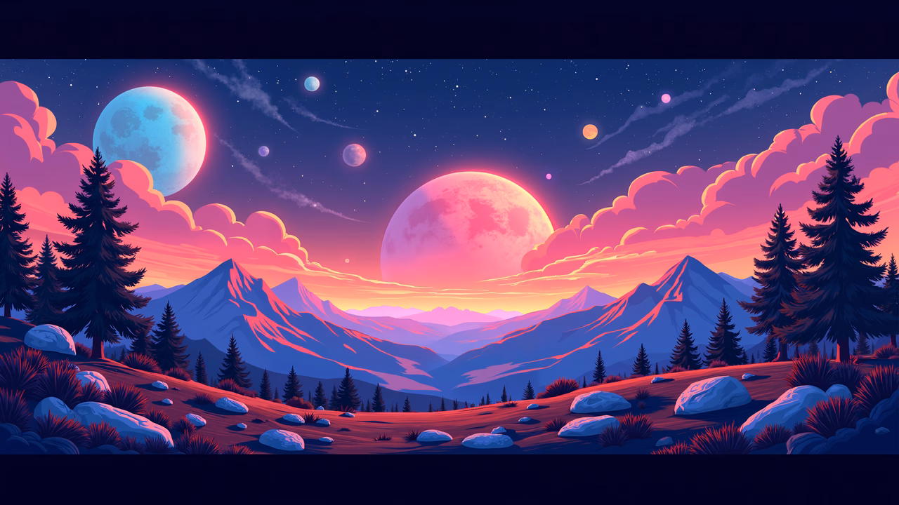 Mystical night sky with glowing moons and lush landscapes.