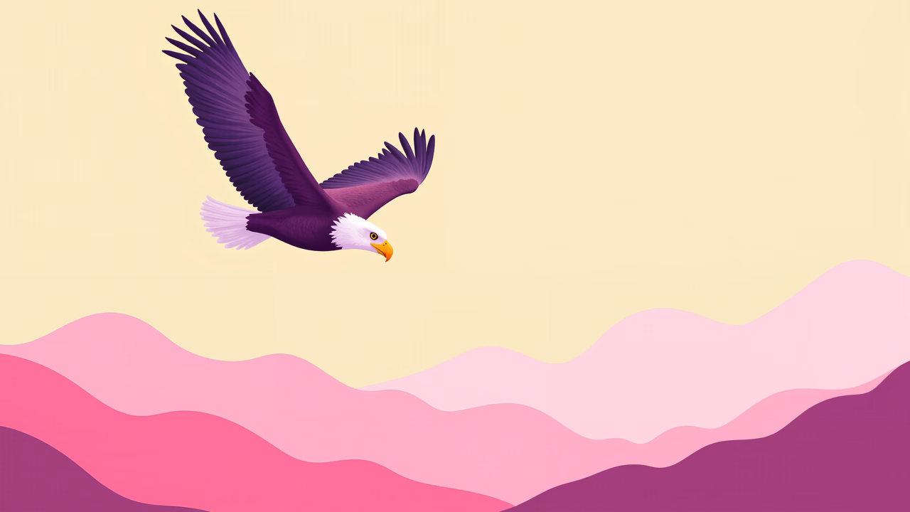 A striking illustration of an eagle flying over a tranquil landscape.