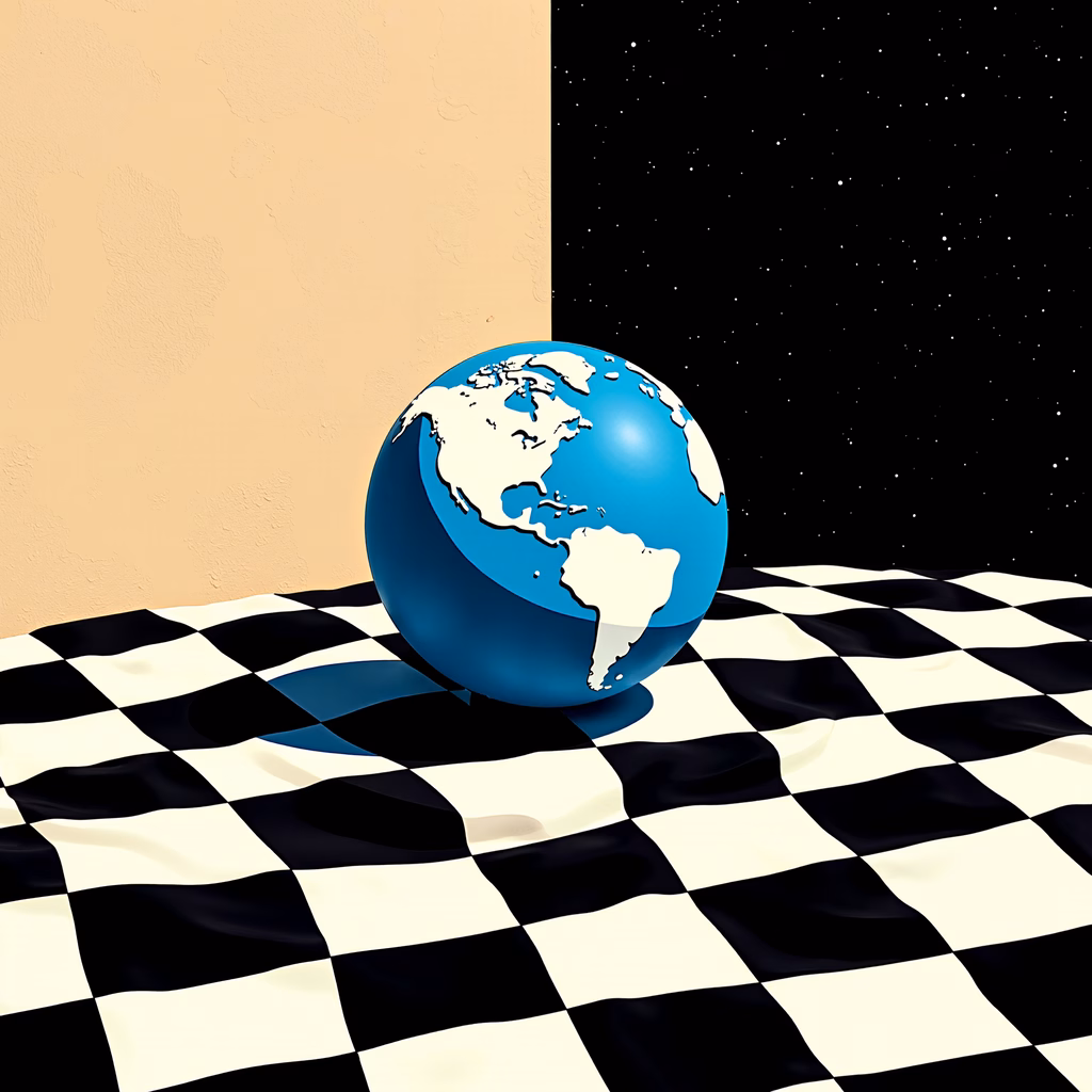 A globe on a checkered surface, blending earth and space themes.