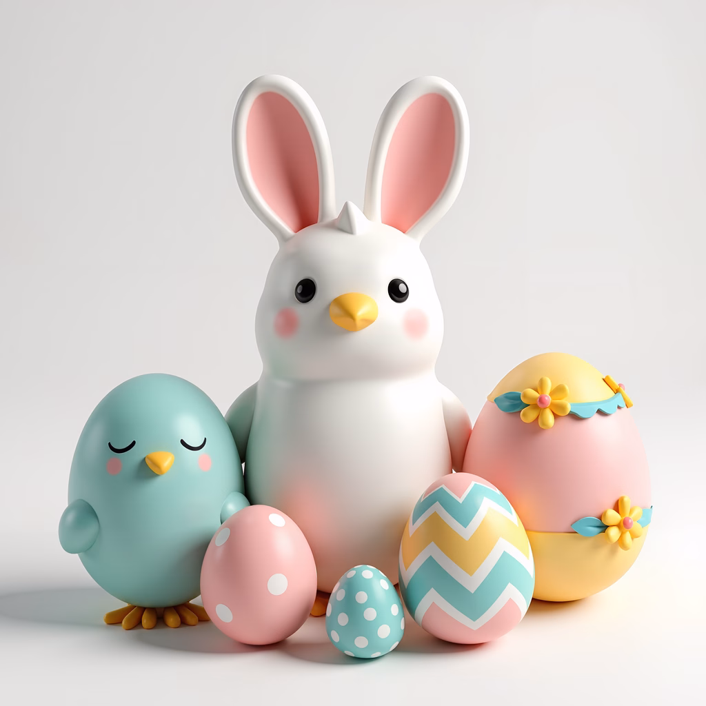 Cute Easter bunny and chick with pastel eggs, perfect for spring festivities.
