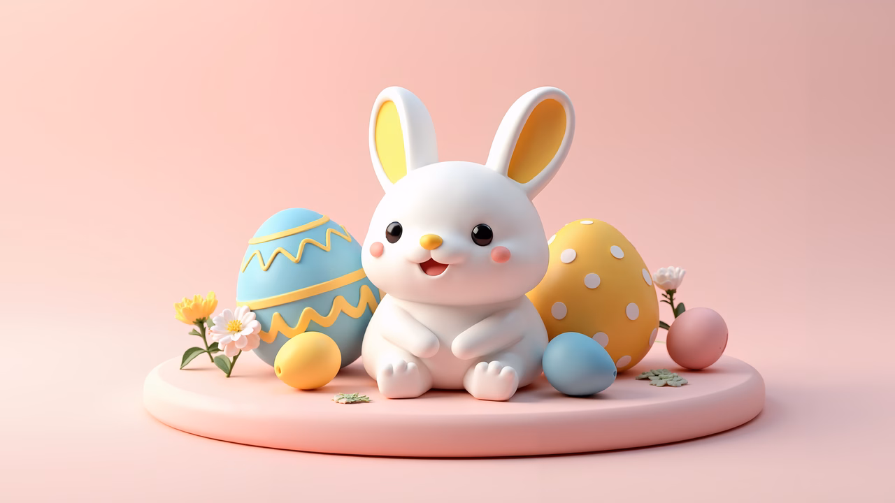 Cute Easter bunny surrounded by colorful eggs and flowers on a pink base.