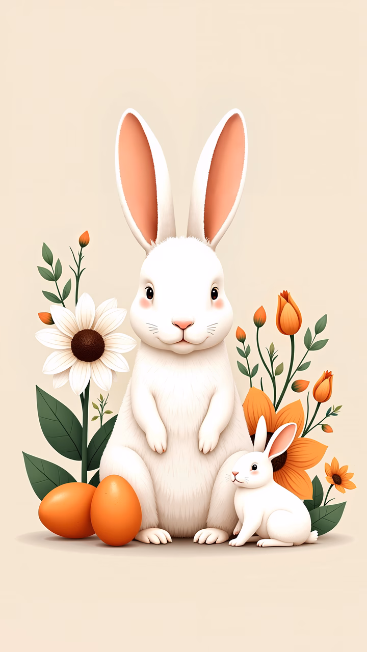 Cute Easter bunnies surrounded by flowers and eggs in a soft, warm color palette.