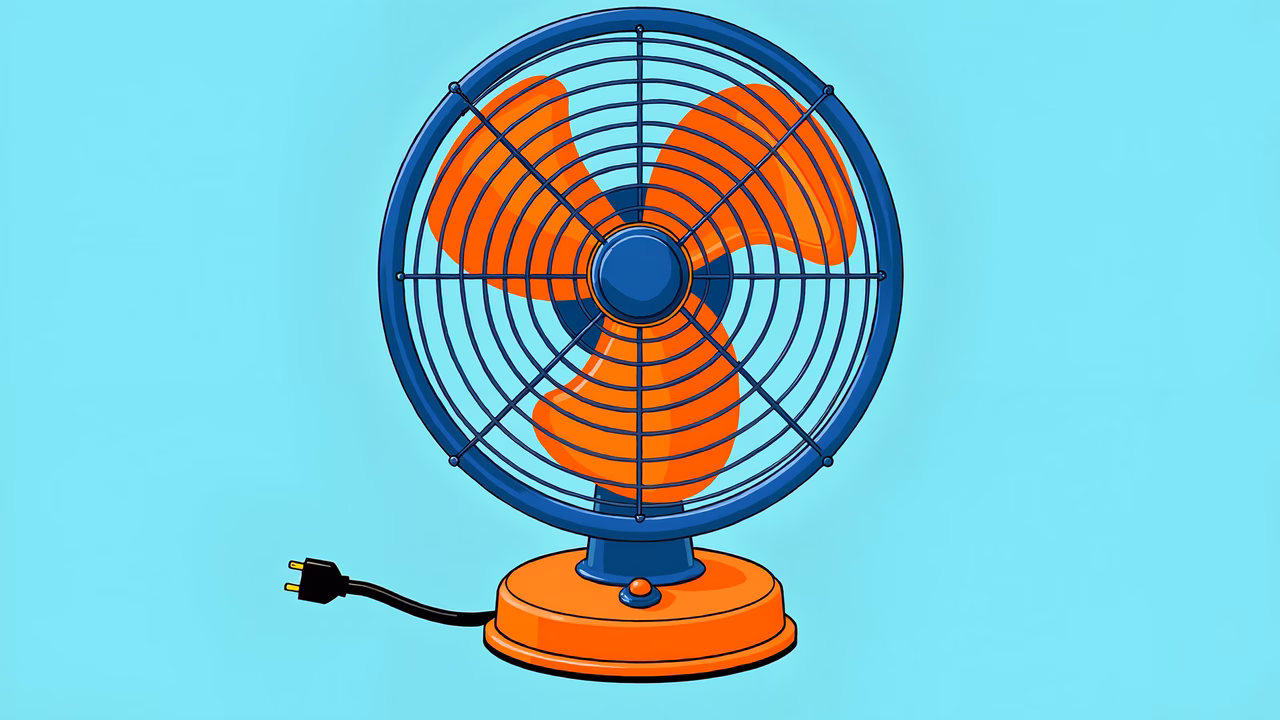 Brightly colored retro-style electric fan illustration.