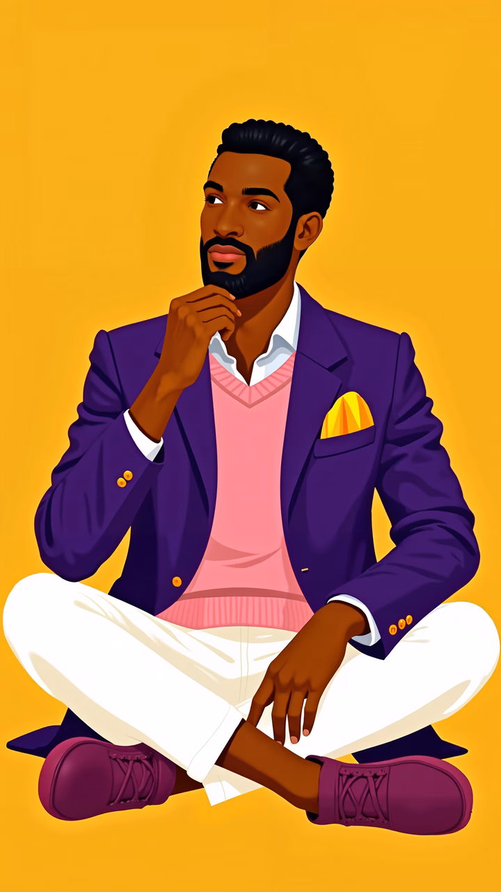Elegant gentleman in purple and pink fashion illustration.