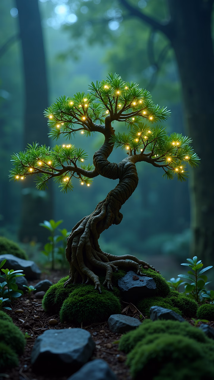 A magical bonsai tree with glowing lights in a misty forest setting.