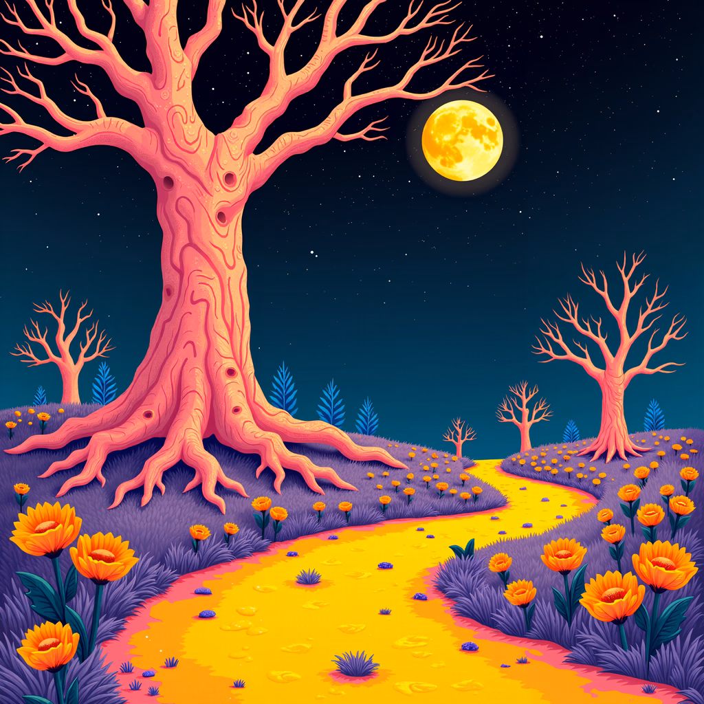 Whimsical forest scene with vibrant colors and a magical moonlit atmosphere.