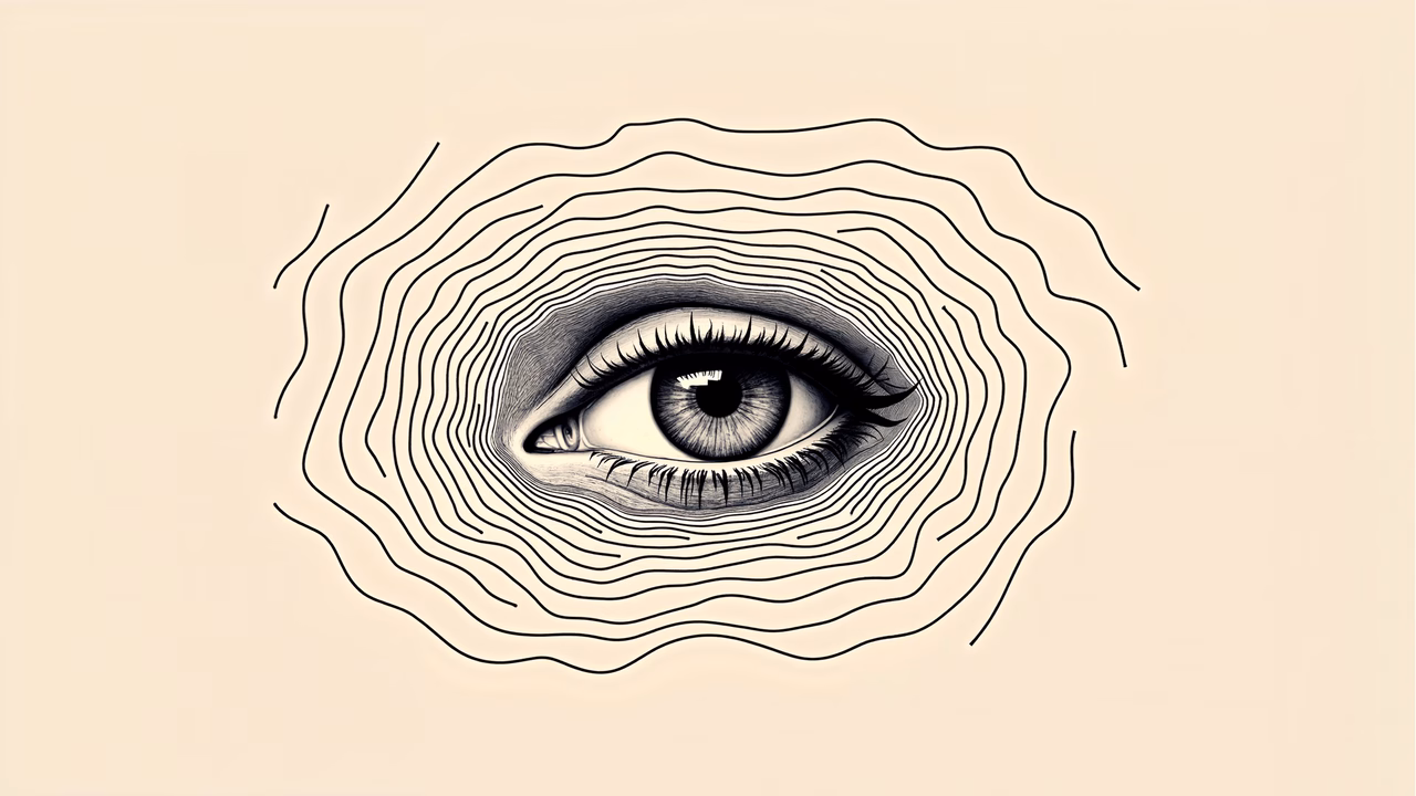 Monochrome eye illustration with concentric wavy lines, surrealism, introspection