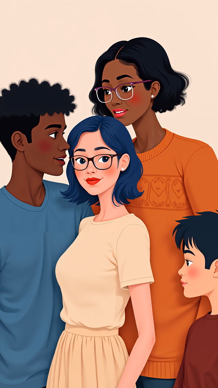 A warm and familial portrait of a diverse family gathering together.