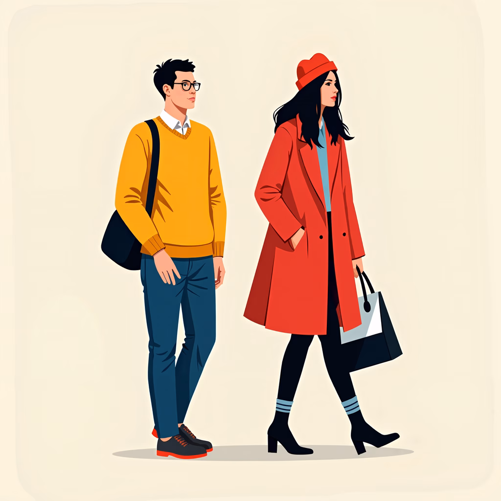 Stylish couple walking together in colorful fashion illustration.