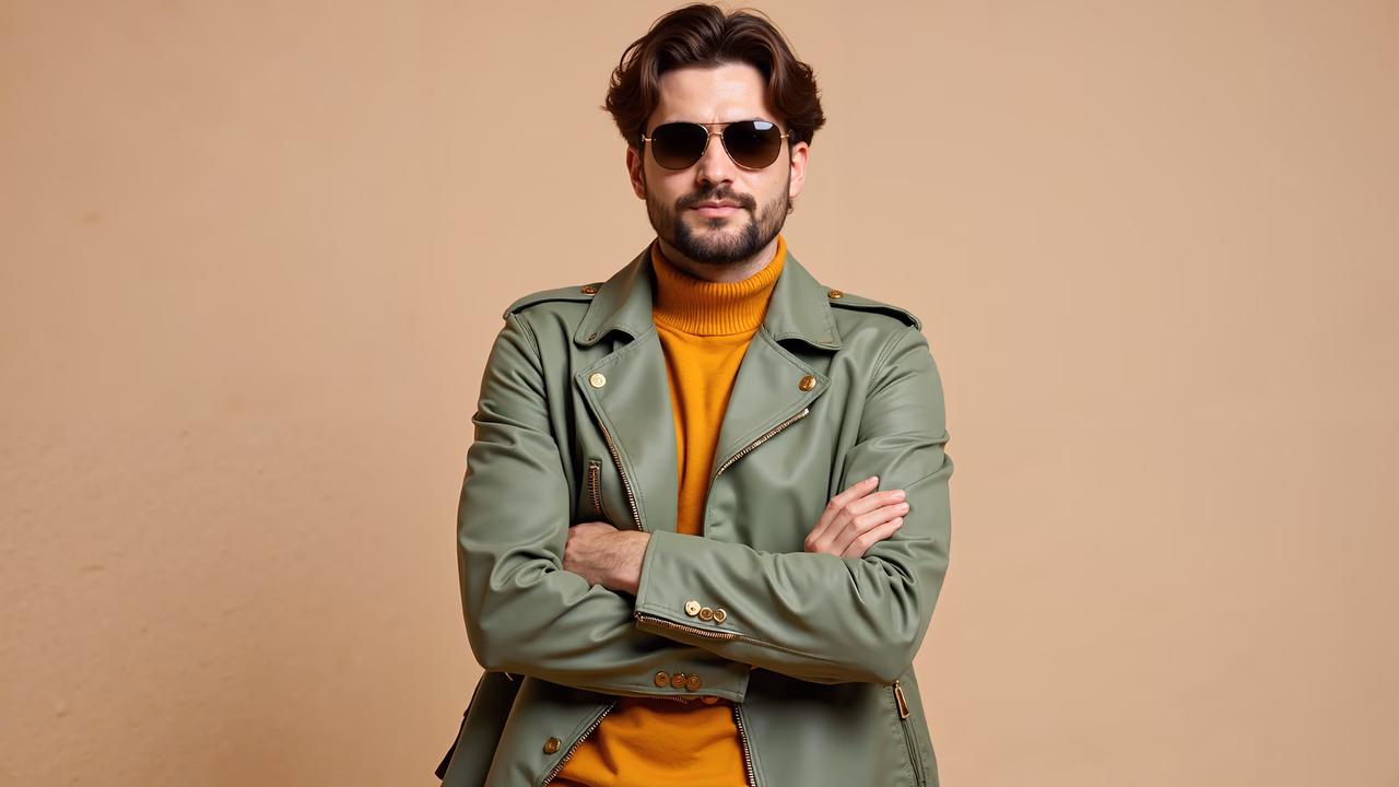 Confidently dressed man in olive jacket and mustard sweater.