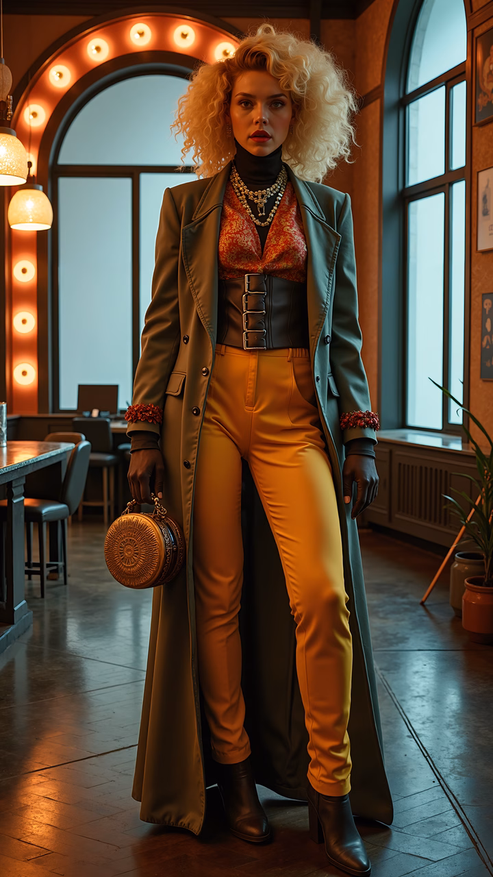 Vintage-inspired fashion in a warm, inviting bar setting.