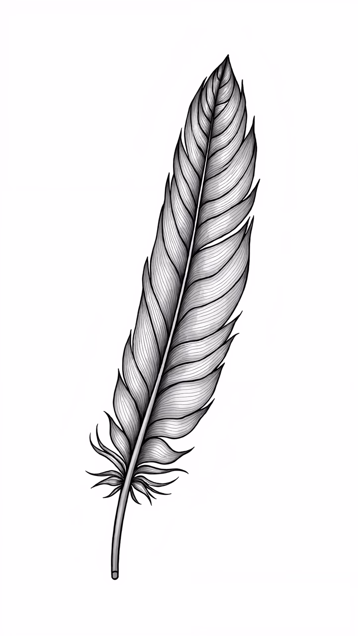 Detailed monochrome feather illustration emphasizing intricate linework and natural beauty.