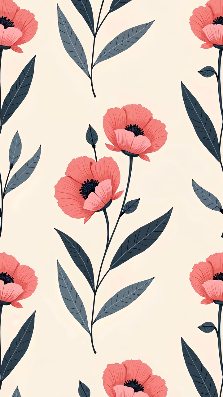Vibrant floral illustration with pink poppies on a beige background.
