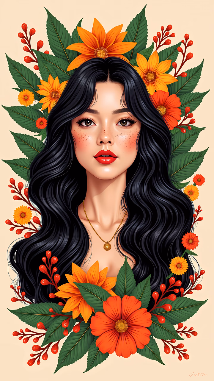Vibrant floral portrait with detailed illustrations and warm colors.