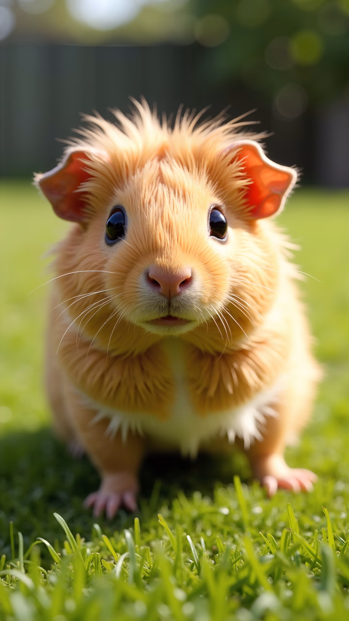 Close-up of a fluffy guinea pig on lush green grass, evoking warmth and innocence.