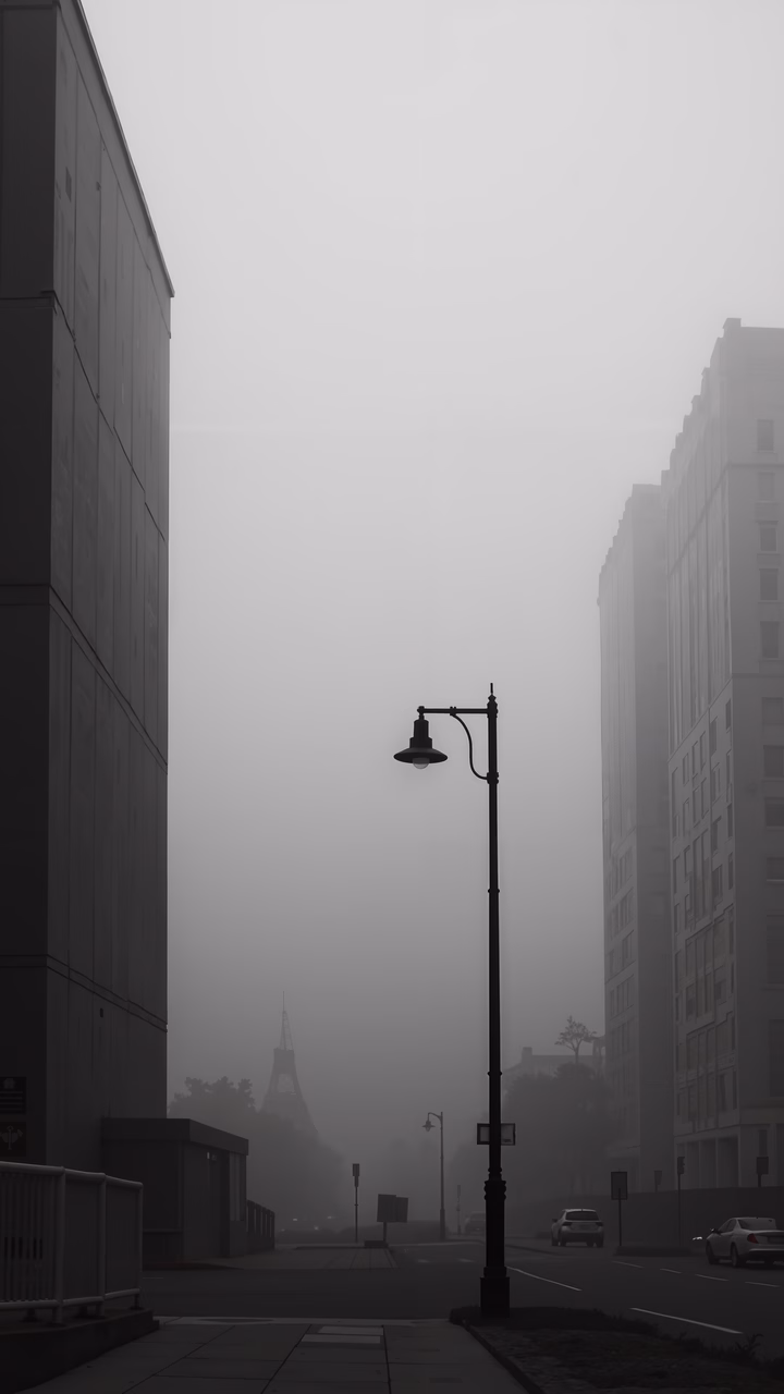 A foggy urban landscape featuring the Eiffel Tower and a streetlamp in black and white.
