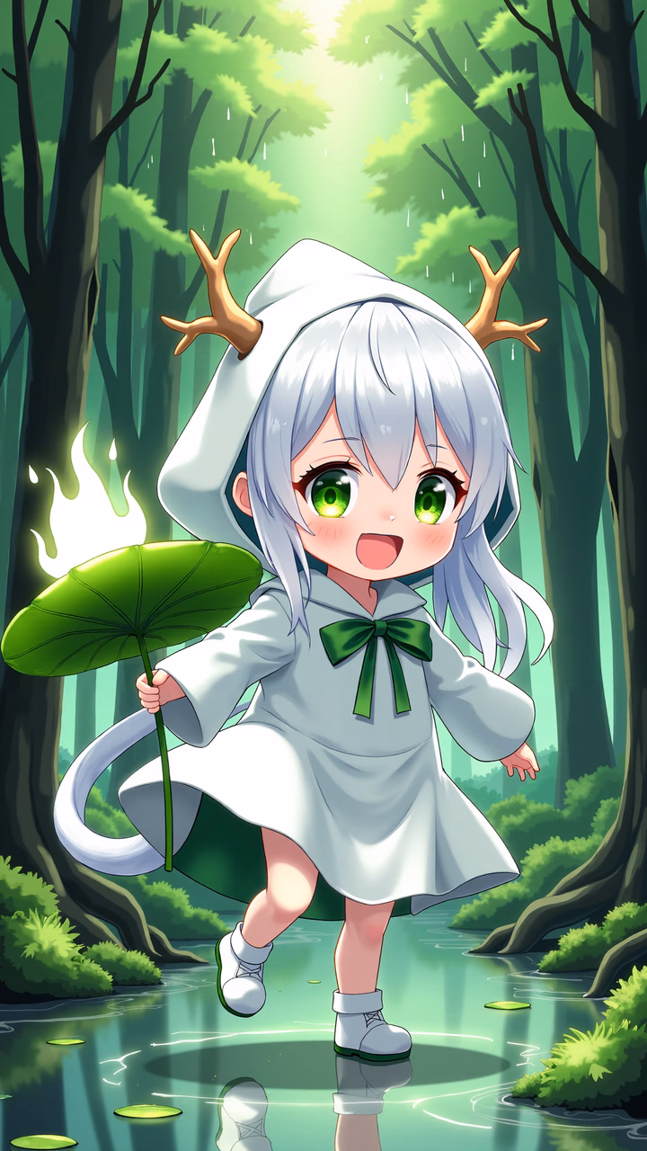 Chibi fairy in a magical forest, holding a leaf umbrella, serene and joyful.