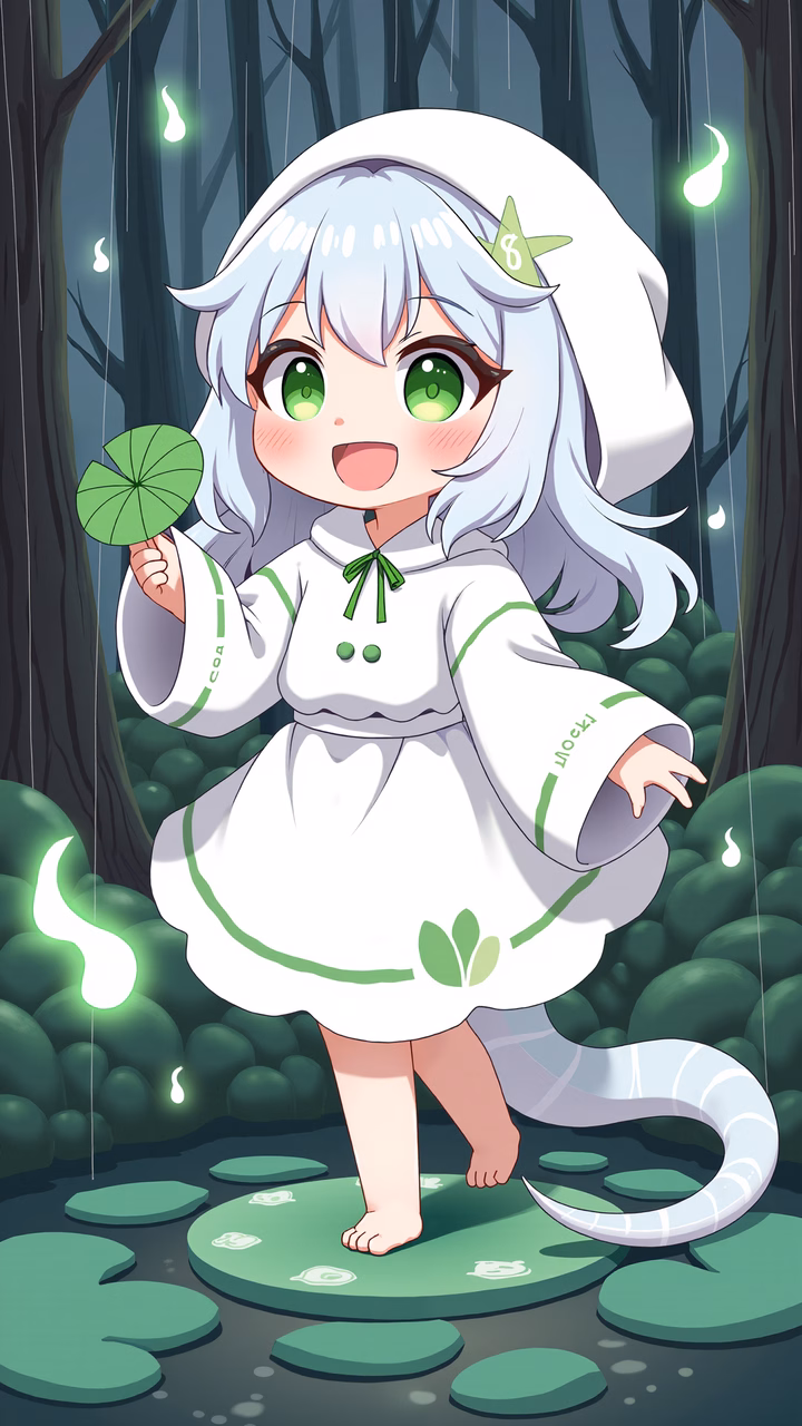 A cute fairy in a magical forest setting, holding a leaf fan.