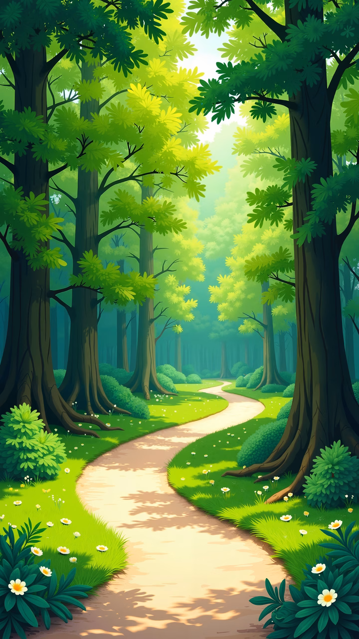 A serene forest path surrounded by lush greenery and white flowers.