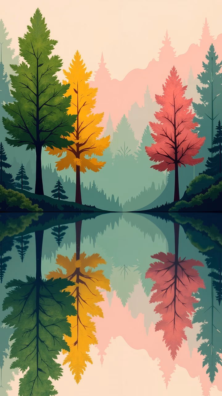 Vibrant forest reflections in a serene landscape illustration.