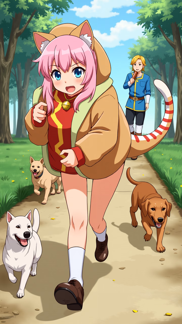 A fox girl enjoying a walk with her dogs in a peaceful forest setting.