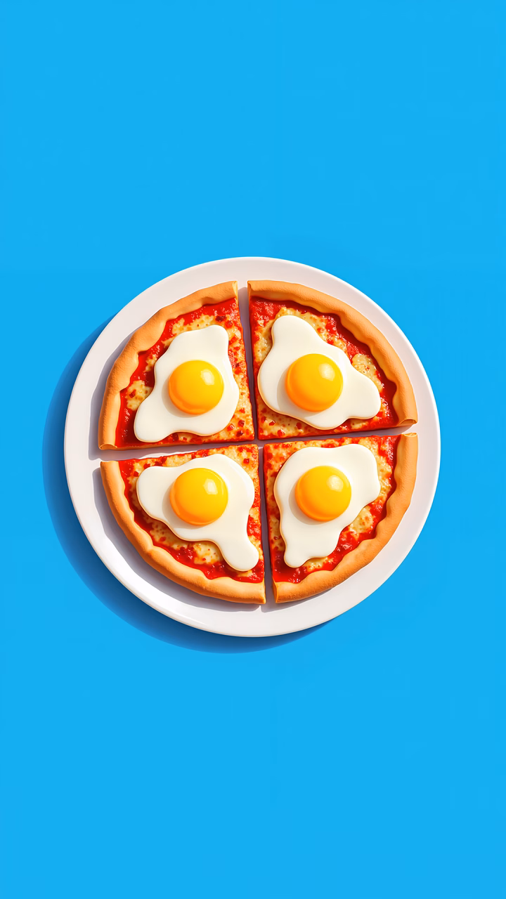 Brightly colored fried egg pizza on a clean blue background.