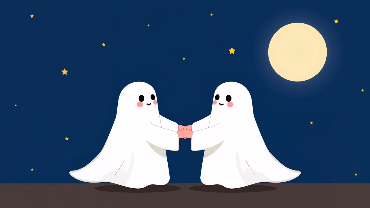 Cute ghost friends under a moonlit sky