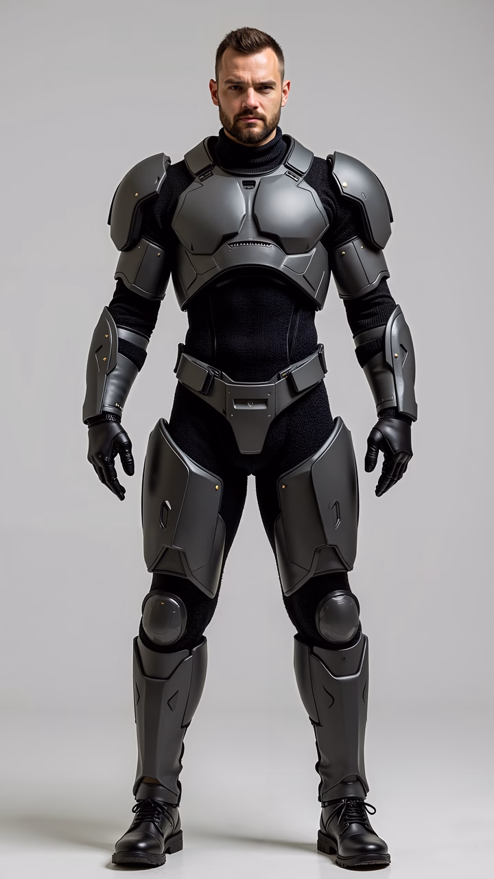 Sleek, metallic armor-clad future soldier standing confidently.