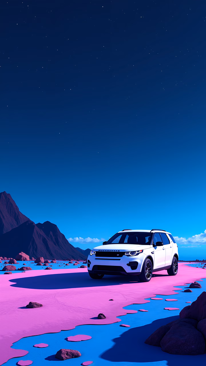 Futuristic SUV on a colorful alien landscape under a starry sky.