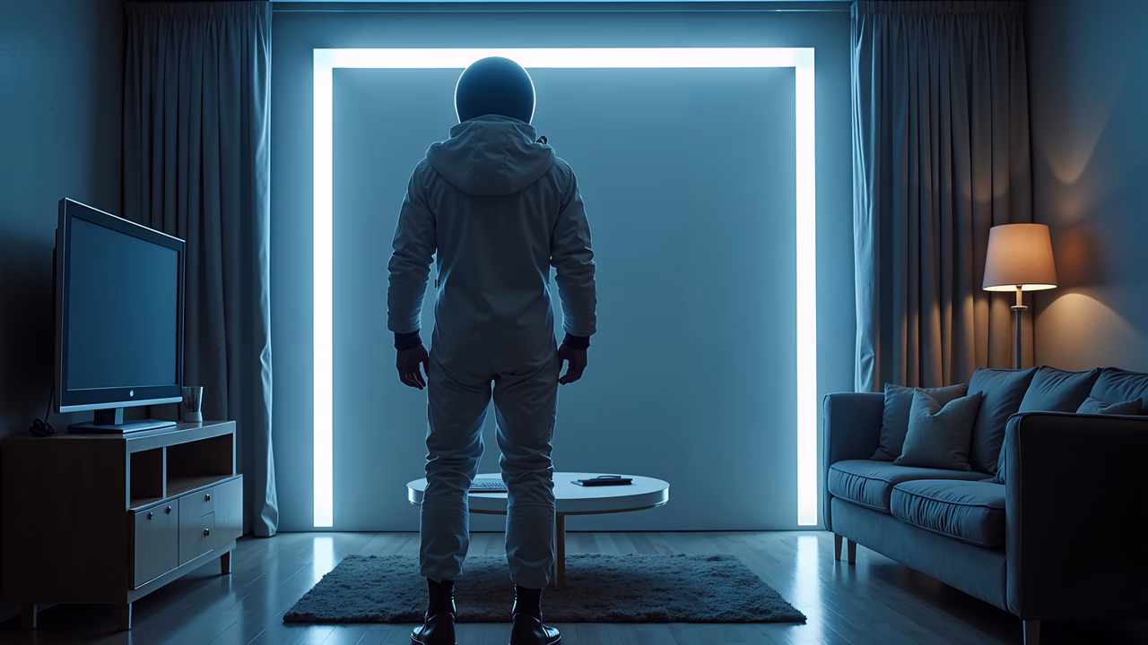 Person in futuristic jumpsuit facing glowing portal in modern living room.