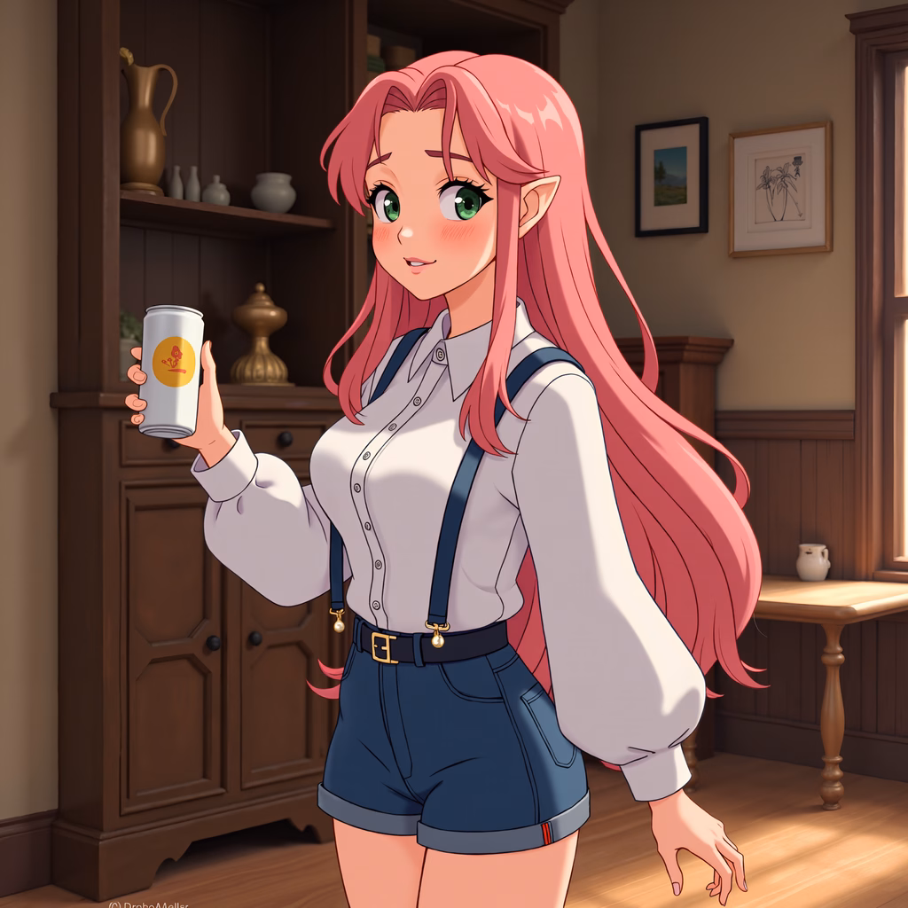 A cheerful anime girl holding a beverage in a cozy room setting.
